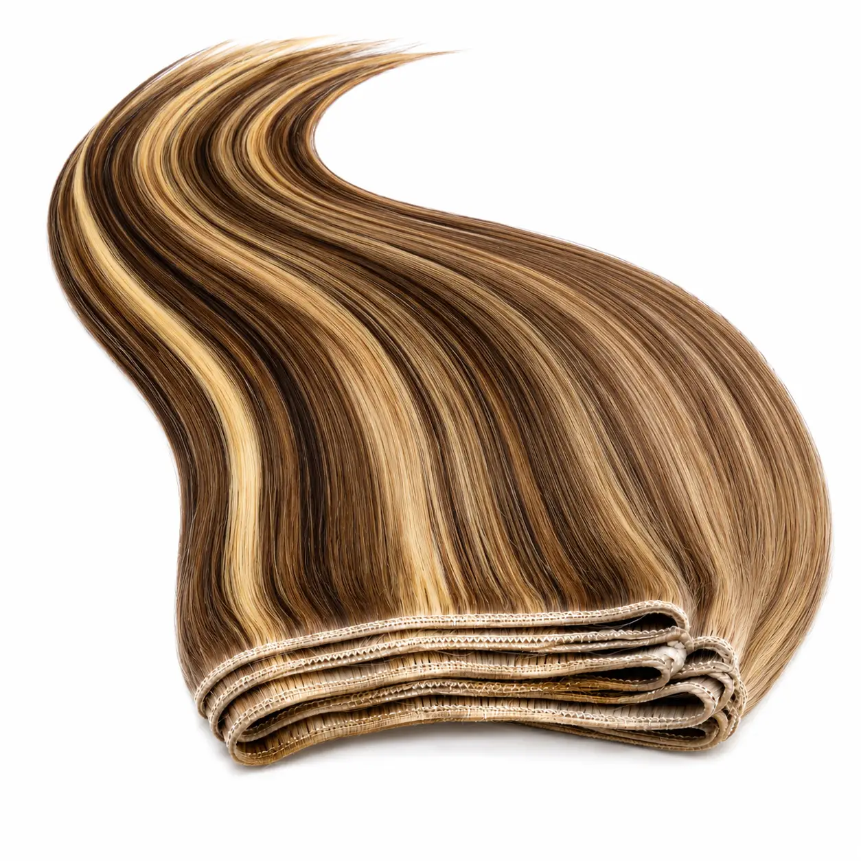 Extensiones de pelo cortina natural Extensiones de pelo cortina cosidas de cabello natural con mechas doradas